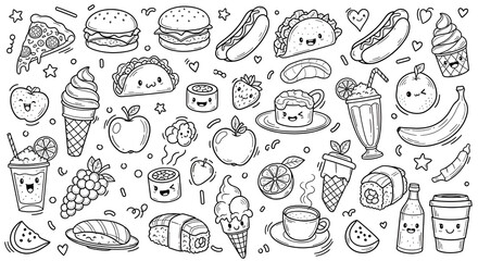 "Hand-Drawn Food Doodles in Fun Cartoon Style"