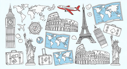"Hand-Drawn Travel Doodles with Landmarks and Maps"