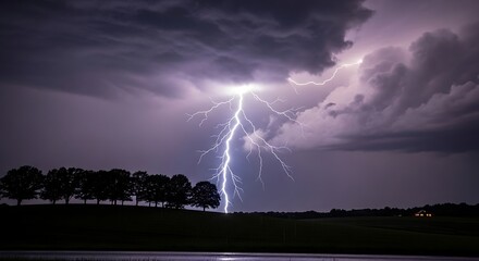 Dramatic lightning strike illuminating a rural landscape during a thunderstorm