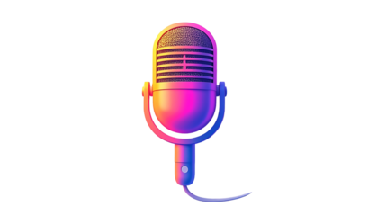 A vibrant, pixel-art style microphone, rendered in pink and blue gradient hues against a black backdrop.  The microphone features a classic design with a wire