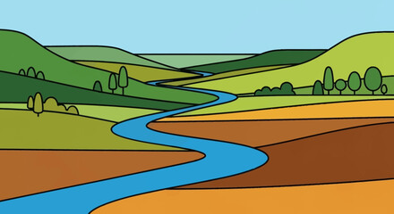 Winding River Flowing Through Lush Green Hills and Fields.