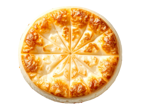 A whole, round baked cheese dessert, sliced into twelve equal portions, exhibiting a creamy, pale yellow center and a browned, caramelized crust.  
