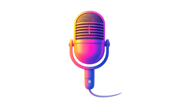 A vibrant, pixel-art style microphone, rendered in pink and blue gradient hues against a black backdrop. The microphone features a classic design with a wire