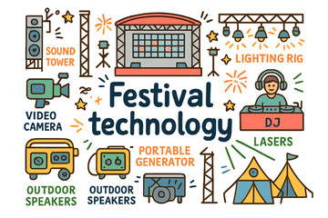 Festival Tech Doodle. Festival technology. Hand-drawn doodle illustration of festival technology. Large stage,