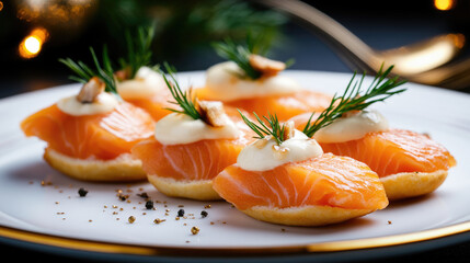 Smoked salmon canapés are served on a white plate with gold trim, adding a touch of elegance to a holiday. Festive snacks, dishes