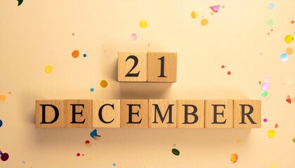Wooden Blocks with Date 21 December. Calendar for birthday or anniversary on solid colored background with confetti