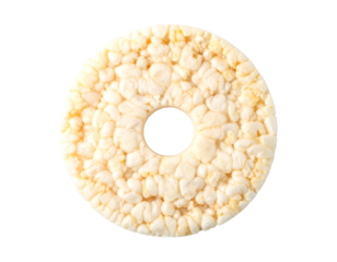 A single, round, off-white rice cake with a central hole, featuring a textured surface of puffed rice grains