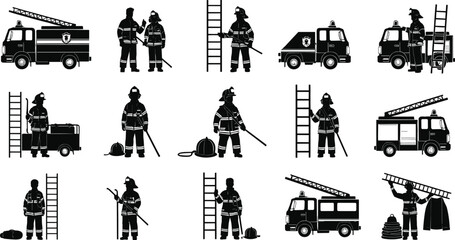 Firefighter silhouettes, emergency response, fire truck, rescue gear, hose, hydrant, ladder, uniform, helmet, firefighting tools, black-and-white illustration