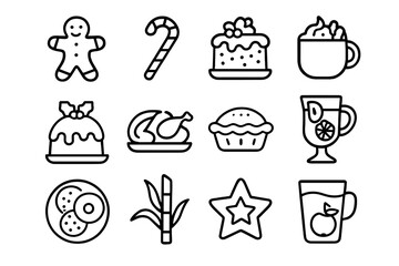 Festive Food Icons. Festive Food. Line outline icon set of Festive Food: gingerbread cookie, candy cane,