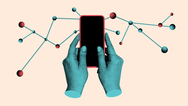 Contemporary collage. Hands holding smartphone with connected network nodes. Concept of technology and IT, mobile applications, SaaS solutions, infographics, and data visualization.