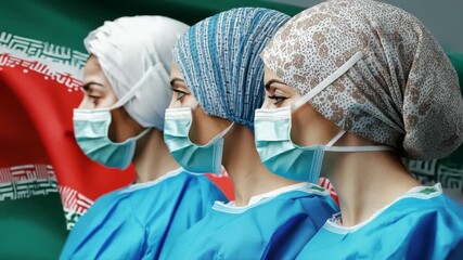 Surgeons in scrubs with Iranian flag backdrop during a health care event, flag of iran over diverse surgeons - Powered by Adobe