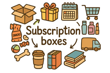 Subscription Box Doodles. Subscription boxes. Hand-drawn doodle illustration of subscription boxes. Cardboard