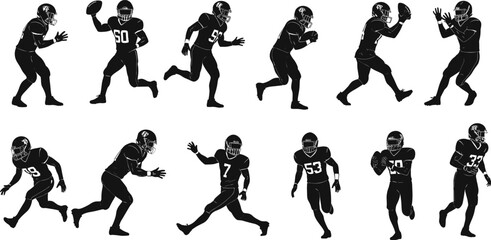 Football player silhouettes, numbered jerseys, action poses, tackle, throw, catch, run, helmet gear, black-and-white illustration, athletic motion