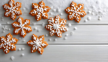 Snowflake gingerbread cookie on wooden table with powdered sugar winter cheer