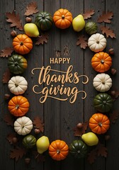 Festive Thanksgiving Greeting A Rustic Wreath of Pumpkins and Gourds on a Wooden Background