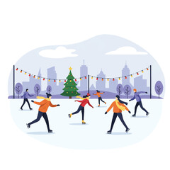 Graceful people ice skating on an outdoor rink in a vibrant flat 2D vector illustration, illuminated by festive lights with a distant city skyline under a clear sky.