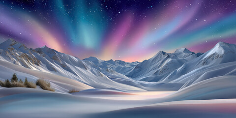 Snow landscape winter valley under colorful aurora sky joyful calm night