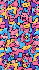 Obraz premium Cartoon doodle art seamless pattern, colorful vector background for kids, cute characters design