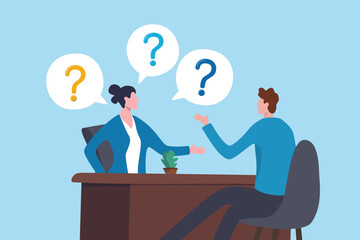 Interview questions, asking job candidate for answers and make decision, communication or challenge hiring recruitment, employment query concept, businesswoman HR asking candidate interview questions.