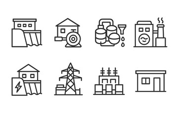 Set of industrial energy icons featuring power plants and equipment