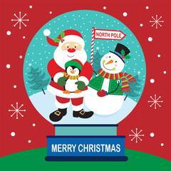 Christmas card with santa, snowman and penguin in the snow globe