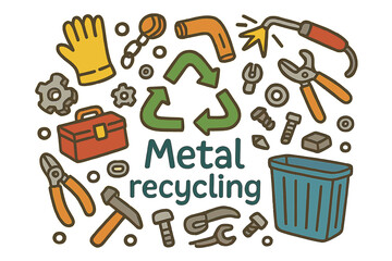 Metal Recycling Doodle. Metal recycling. Hand-drawn doodle illustration of metal recycling. Recycling arrows,
