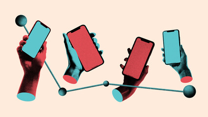Modern artwork. Hands raising smartphones with connected line graph. Concept of social projects and NGOs, community connection, teamwork, collective initiatives, and digital campaigns.