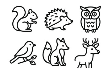 Fototapeta premium Outline illustrations of forest animals: squirrel, hedgehog, owl, bird, fox, deer
