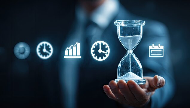 Businessman holding a transparent hourglass, surrounded by glowing time management icons