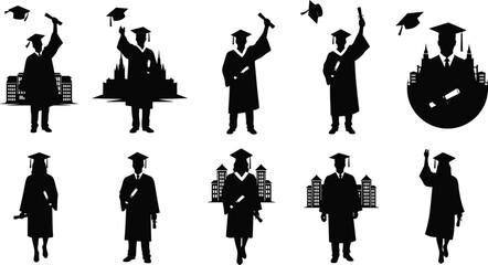 Graduation silhouettes, students in cap and gown, diploma celebration, academic success, education achievement, university ceremony, college graduates, future opportunities, success
