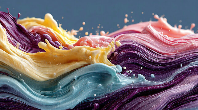 Abstract pastel pink and blue color paint with pastel gray background. Fluid composition with copy space.