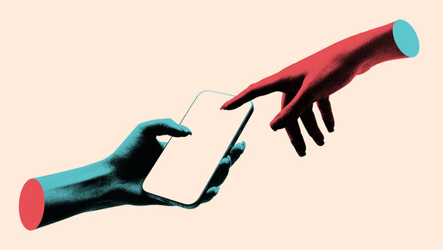 Collage of hands exchanging smartphone with emotional gesture of connection. Concept of psychology and coaching, communication, trust, personal growth, education, blogs, and relationship development.