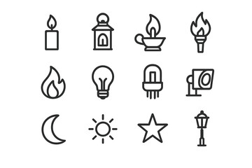 Light Source Icons. Light Sources. Line outline icon set of Light Sources: candle, lantern, oil lamp, torch,