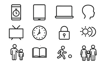 Screen Time Management Icons. Managing Screen Time. Line outline icon set of Managing Screen Time: smartphone