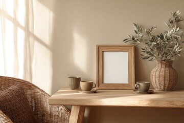 Beige & wood interior, sunlit scene, simple decor