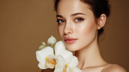 Fototapeta premium Elegant Portrait of a Young Woman with a White Orchid Flower