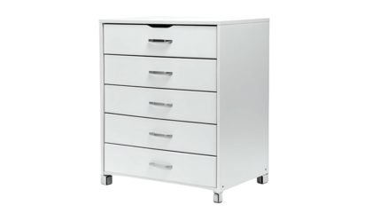 A clean, white, five-drawer chest with simple silver pulls, standing on small, understated legs.  Modern and minimalist design