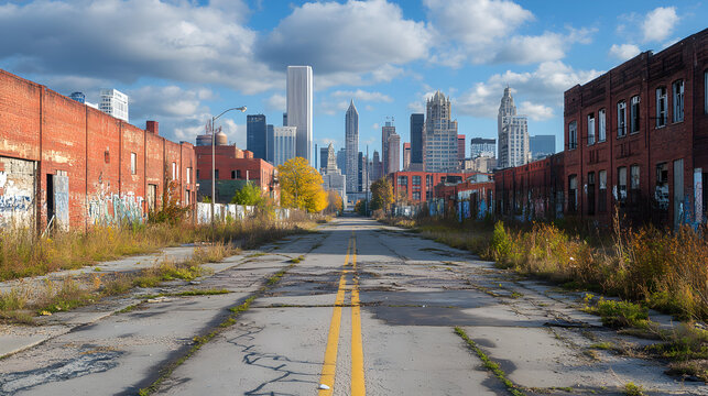 Detroit city downtown view with vacant road and towering buildings under clear blue sky on a sunny afternoon, modern architecture and metropolitan street scene background