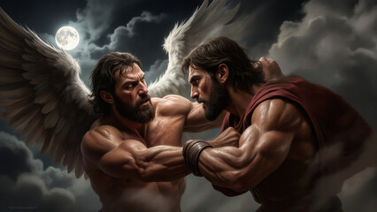 Jacob wrestling with angel in dark clouds under moon dramatic biblical myth scene
