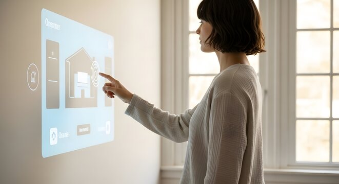 Young woman controls smart home system via projected display technology digital future innovation automation modern convenience living domestic wall