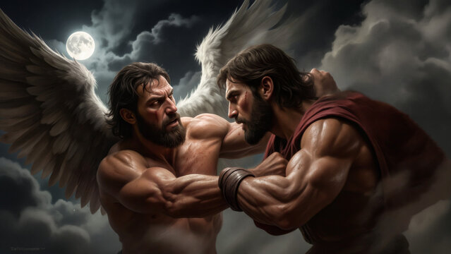 Jacob wrestling with angel in dark clouds under moon dramatic biblical myth scene