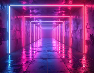 Glowing neon tunnel with reflective floor