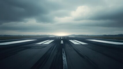 Fototapeta premium Expansive airport runway stretches towards a luminous horizon under dramatic, cloudy skies, promising journeys and departures.