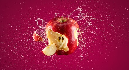 A red apple with a bite taken out of it surrounded by splashing water on a magenta colored background