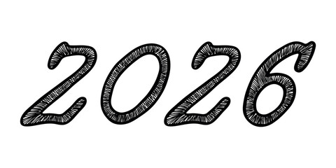 Obraz premium Hand drawn happy New Year doodle 2026 numbers Single element for calendar, card, banner, flyer, web, poster, design, decor