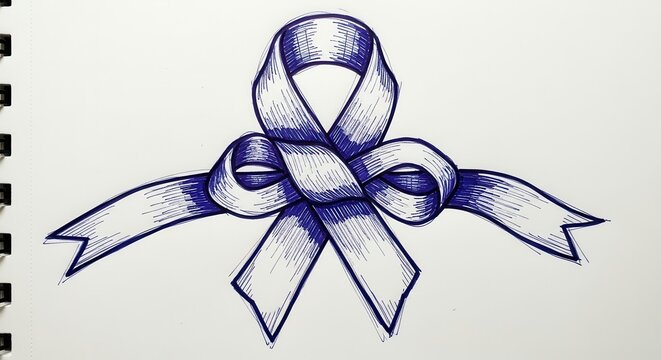 Hand Drawn Blue Ink Ribbon Bow Sketch, Pen and Ink Drawing on White Paper