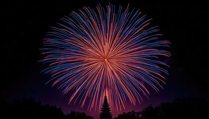 Fireworks burst over pagoda at night