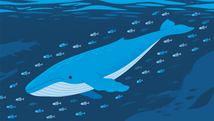 Illustration Of A Giant Blue Whale Swimming Gracefully In The Dark Blue Ocean With A School Of Small Fish Surrounding It Vector Design Template