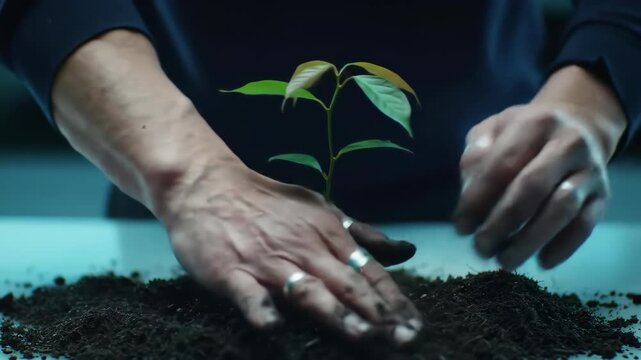 Hands carefully plant a small sapling into rich dark soil.