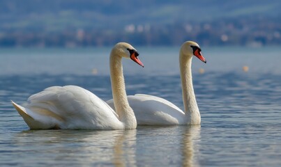 Fototapeta premium Elegant Swans Gliding on Calm Lake Water in Serene Ambiance.